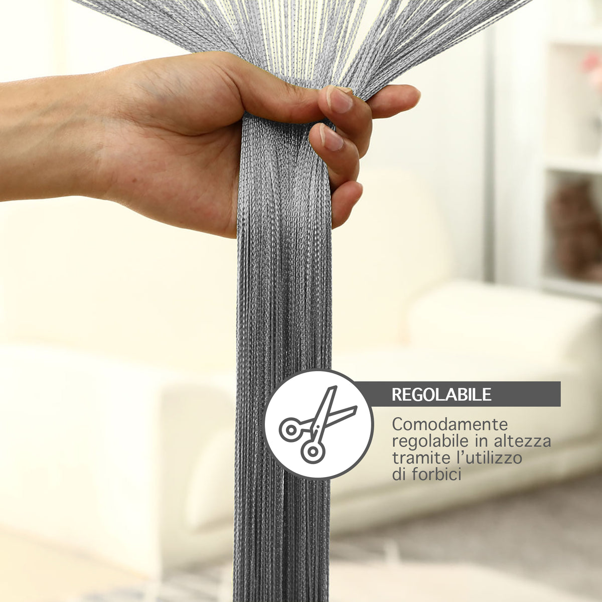 Tenda A Fili Stringhe Anti Mosche Insetti Divisorio Con Asola Per inserimento Di Bastoni Zanzariera Adattabile Con Forbici Porta Finestra Elegante - Grigio - 100x200 cm