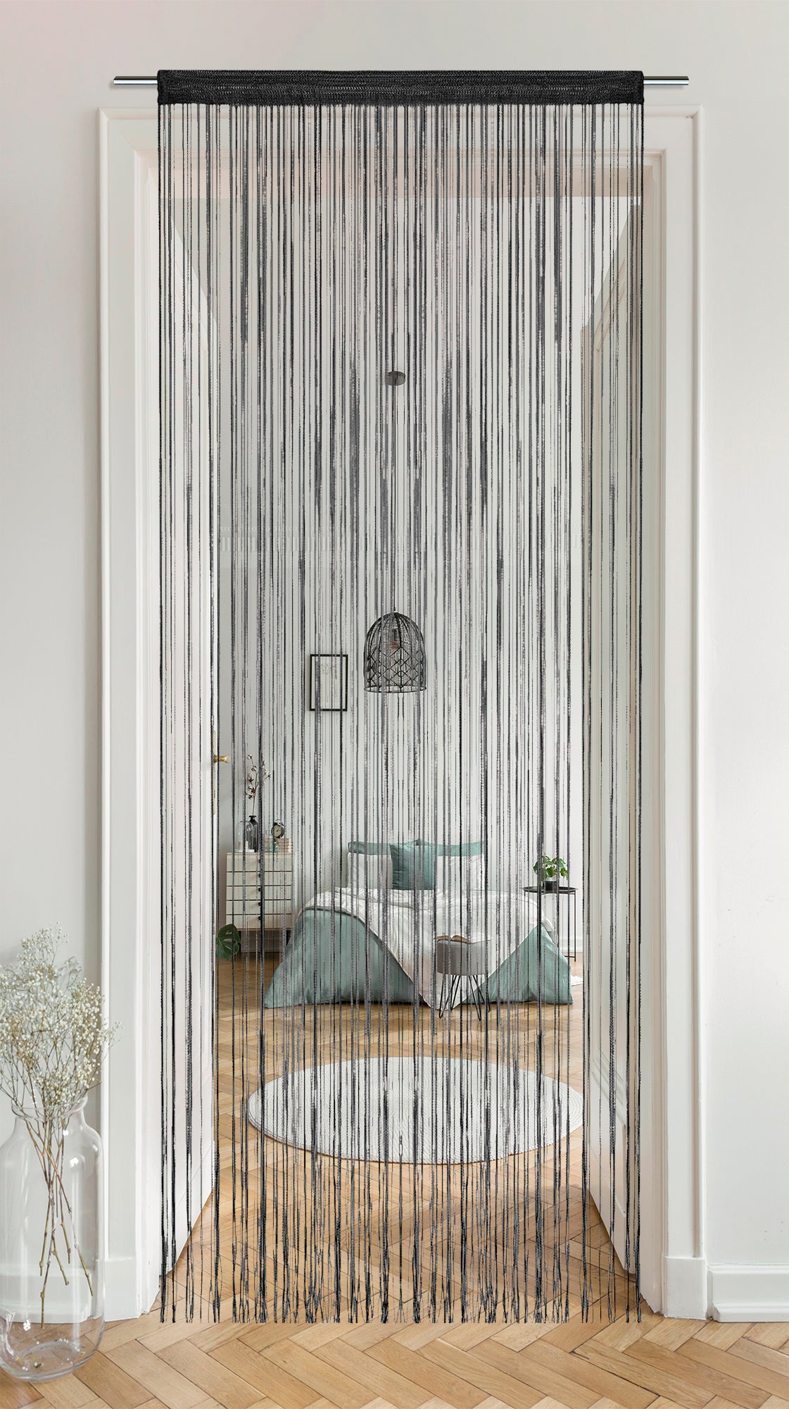 Tenda A Fili Stringhe Anti Mosche Insetti Divisorio Con Asola Per inserimento Di Bastoni Zanzariera Adattabile Con Forbici Porta Finestra Elegante - Nero - 100x200 cm