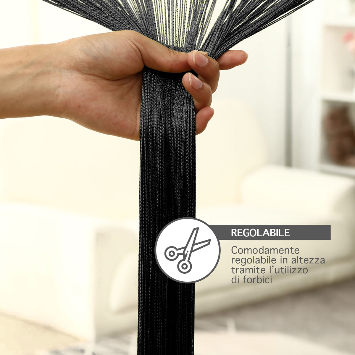 Tenda A Fili Stringhe Anti Mosche Insetti Divisorio Con Asola Per inserimento Di Bastoni Zanzariera Adattabile Con Forbici Porta Finestra Elegante - Nero - 100x200 cm