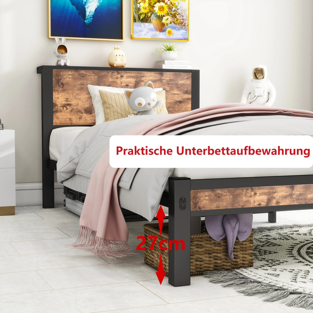 Letto singolo 90 × 200 cm con testiera e pediera in MDF e metallo marrone antico con spazio sottoletto 27 cm