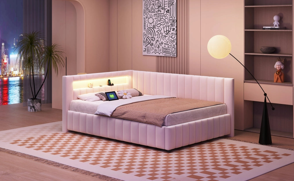 Letto imbottito con LED e USB - Xylo - 140x200 - Beige