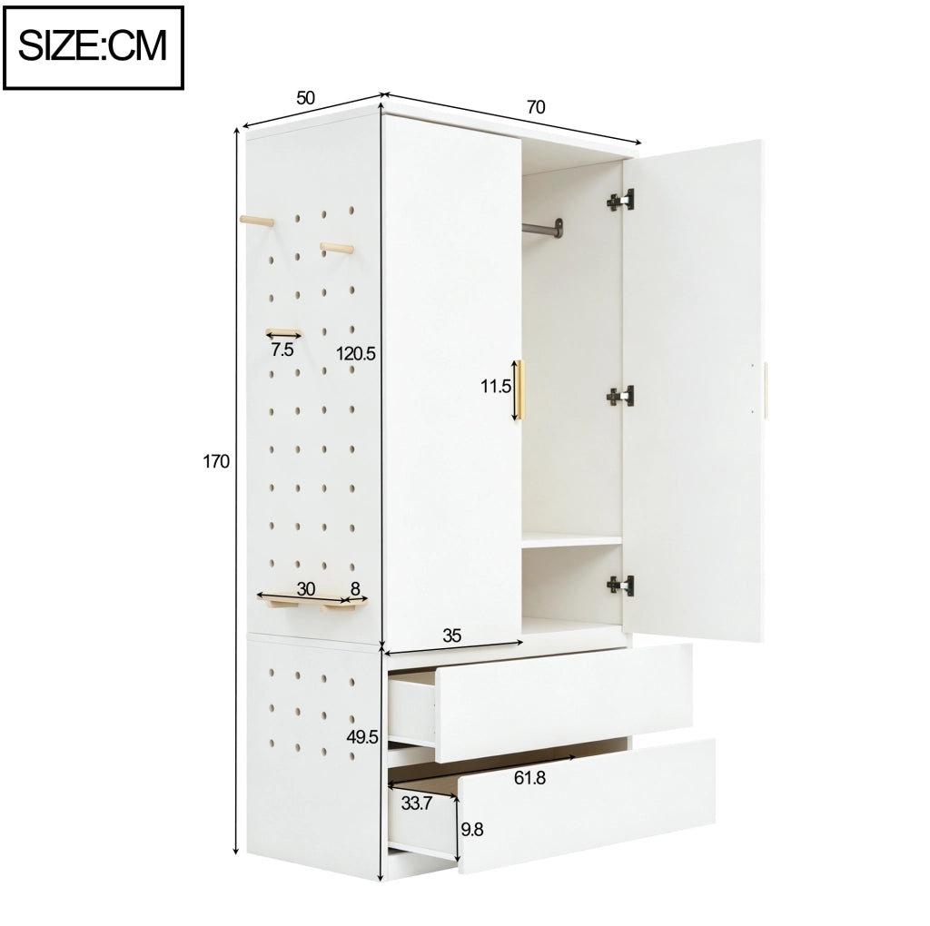 Armadio multifunzione 70x50x170 cm con 2 cassetti; vani nascosti e pannello forato bianco