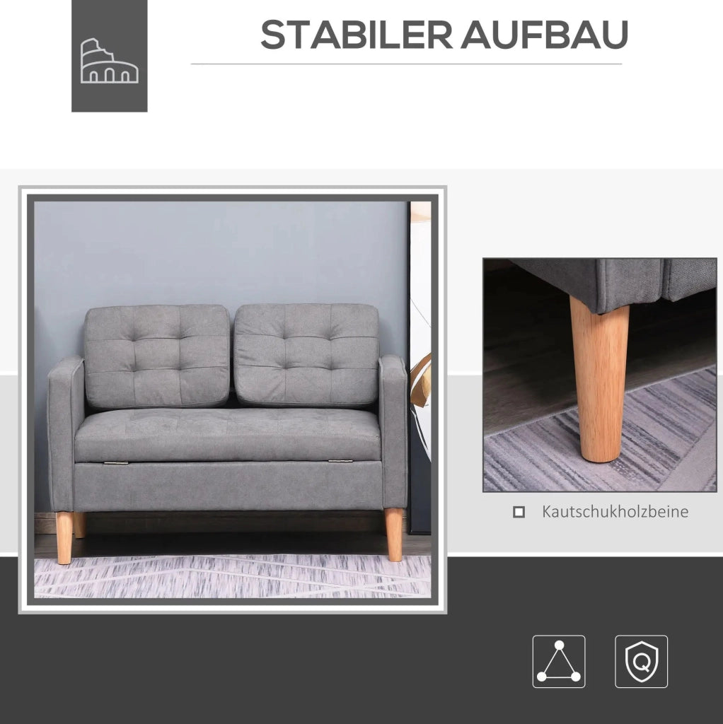 Divano 2 posti in cotone grigio con cuscini removibili e struttura in legno di gomma 117x62x78 cm