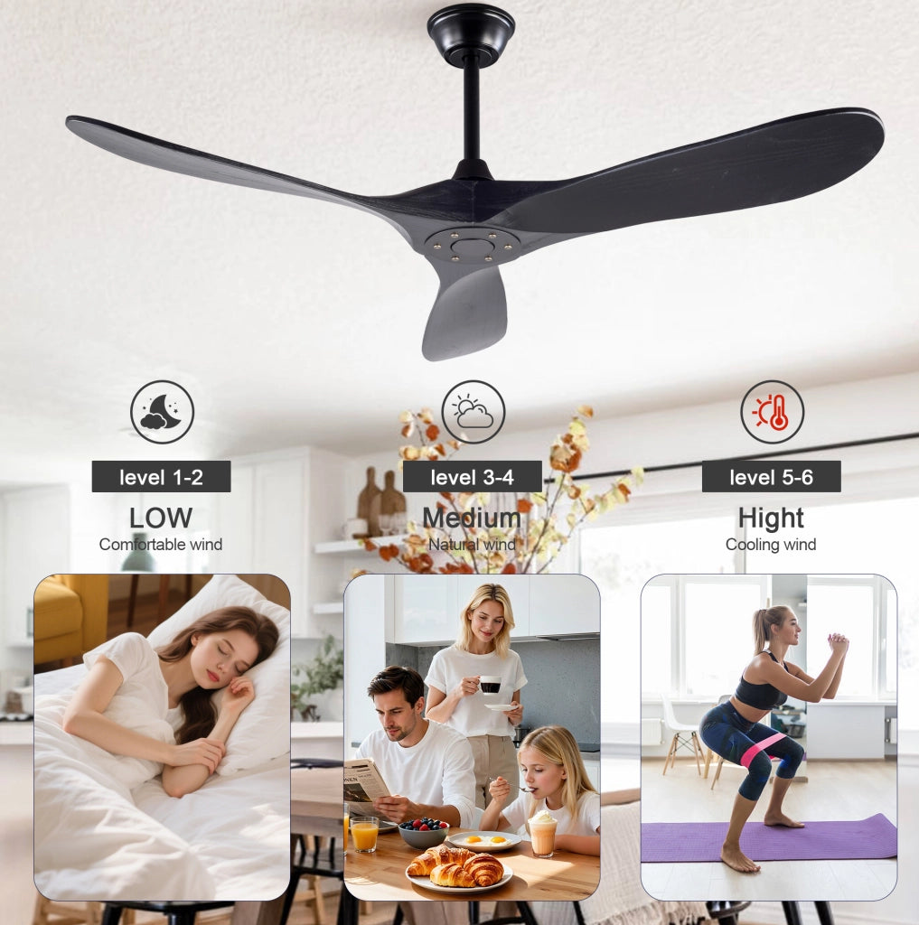 Ventilatore a soffitto 52" nero con 3 pale in legno di paulonia, controllo remoto, 6 velocità e funzione reversibile