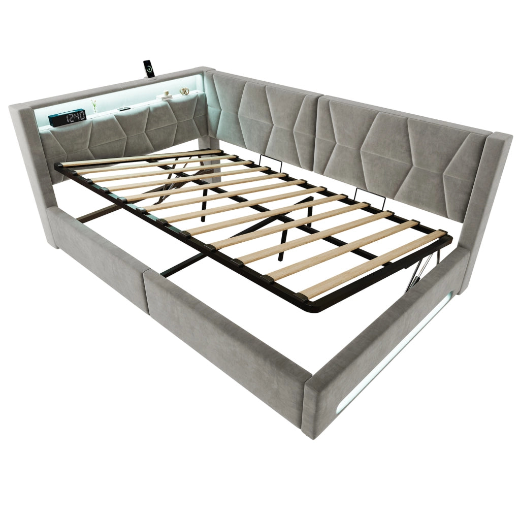 Letto imbottito 140 x 200 cm con contenitore, luci e ricarica integrata in velluto grigio scuro