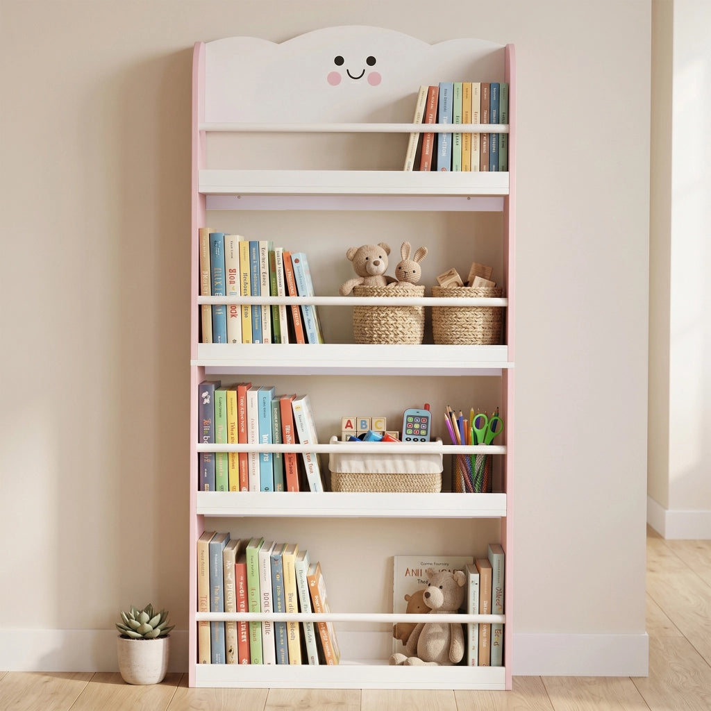 Libreria Montessoriana per Bambini 3-6 Anni con Tema Zucchero Filato, 4 Ripiani in Legno, per Cameretta, Rosa
