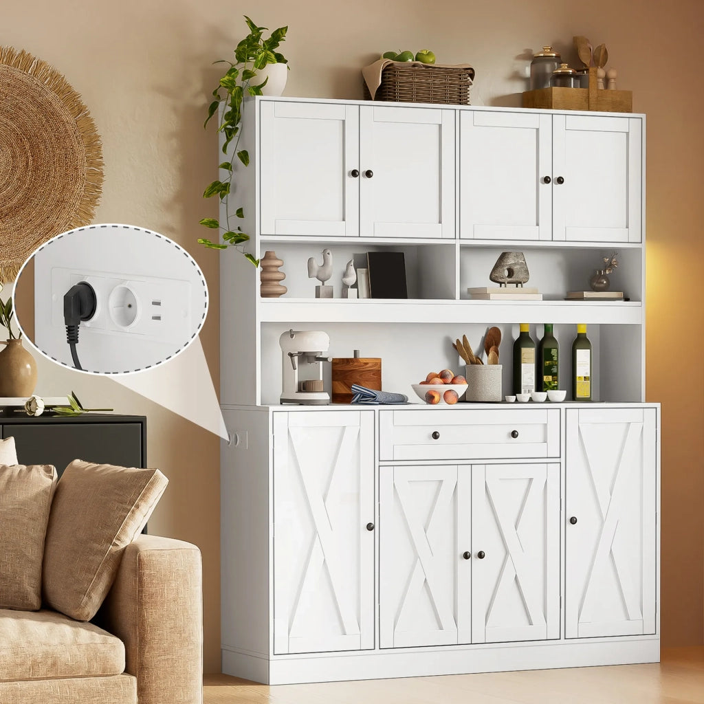 Credenza da cucina stile country, cremobianco, 140x40x185 cm, con piano di lavoro e presa elettrica. Grande armadio con cassetto, ripiani regolabili e vani porta