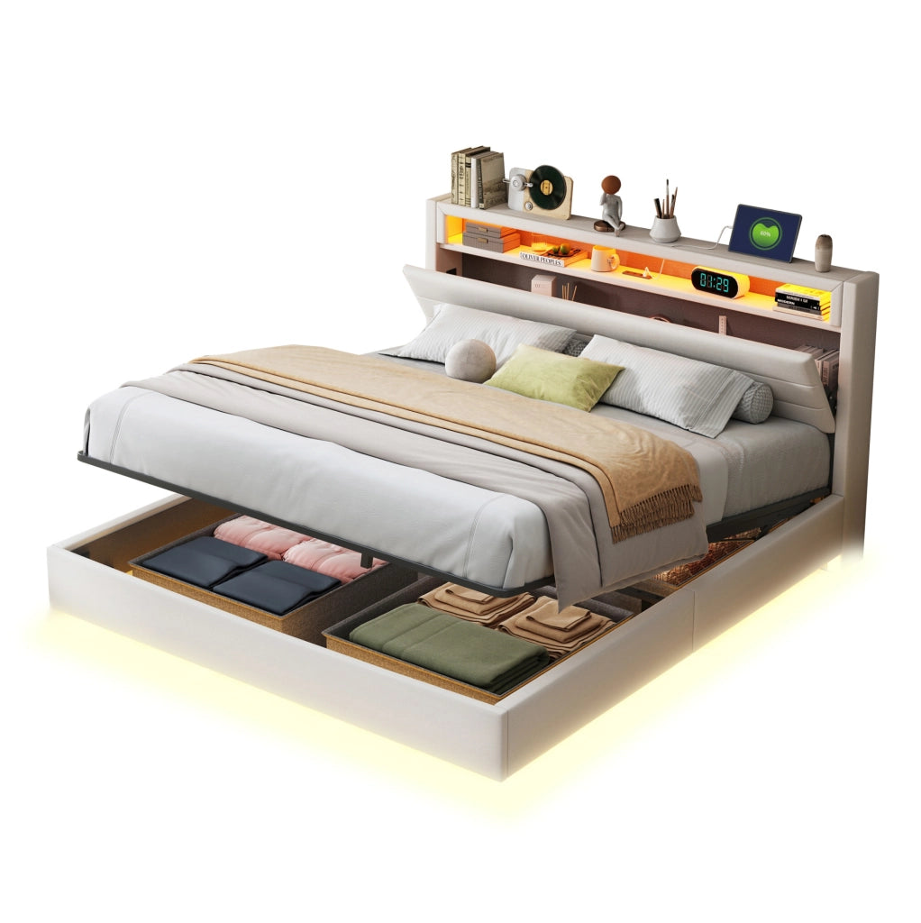 Letto matrimoniale 160x200 cm con contenitore idraulico; LED e USB; beige