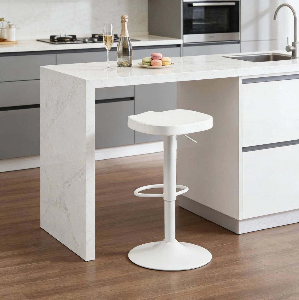 sgabello da bar bianco regolabile in altezza, girevole 360°, 1 pezzo, legno e metallo