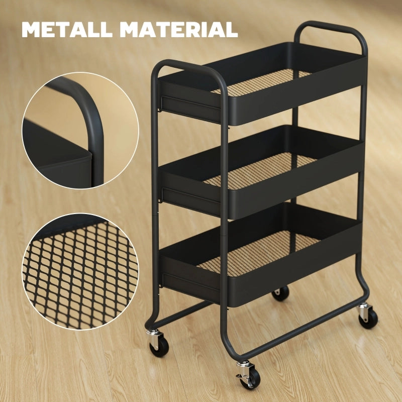 Carrello da cucina a 3 ripiani in metallo nero con 4 ruote di cui 2 bloccabili 64.5 × 34 × 87 cm