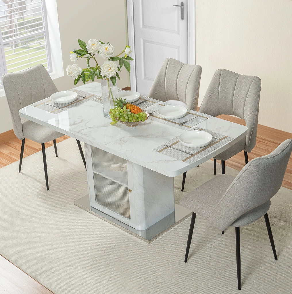 Tavolo da pranzo allungabile 120-160x80 cm con mobile contenitore; MDF e acciaio; bianco