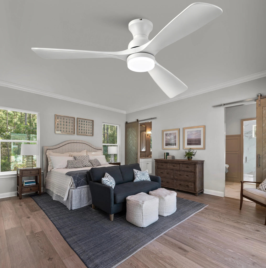 Ventilatore da soffitto bianco con luce LED, 3 pale in legno massello e telecomando