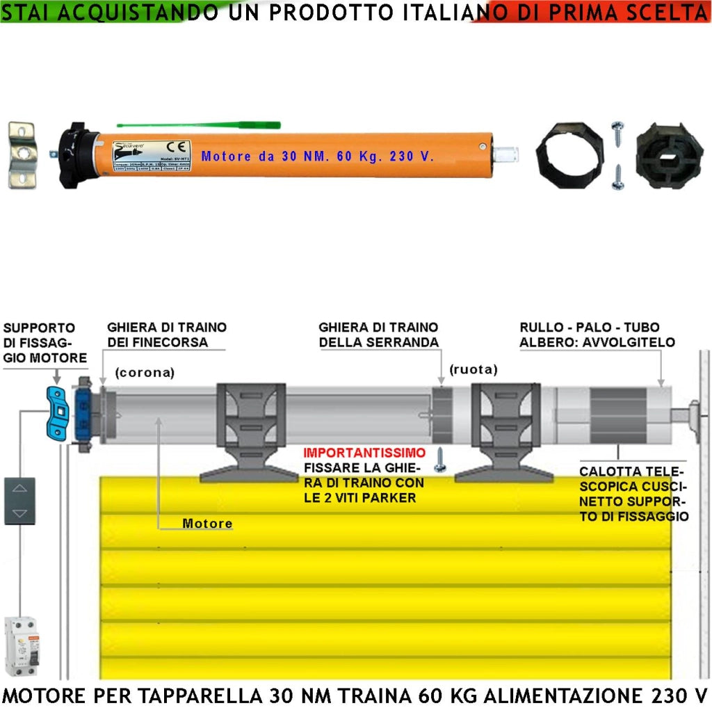 Tapparella Elettrica Motore 230 V 170 W Potenza di Traino 30 Nm Circa 60 KG Blocco Sollevamento Telo Fine Corsa Regolabili Accessori Meccanici x Tubo Ottagonale Diametro 60 mm Protezione Termica 135°
