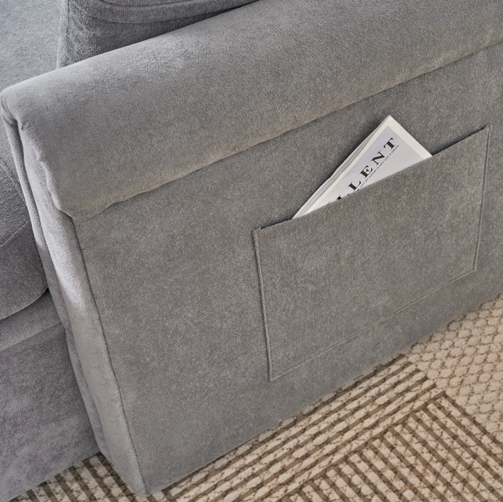 Divano angolare a U con funzione letto e contenitore, grande divano in ciniglia grigio per soggiorno o camera ospiti