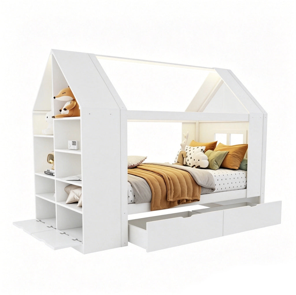 Letto a casetta per bambini 90x200 cm bianco con LED e cassetti