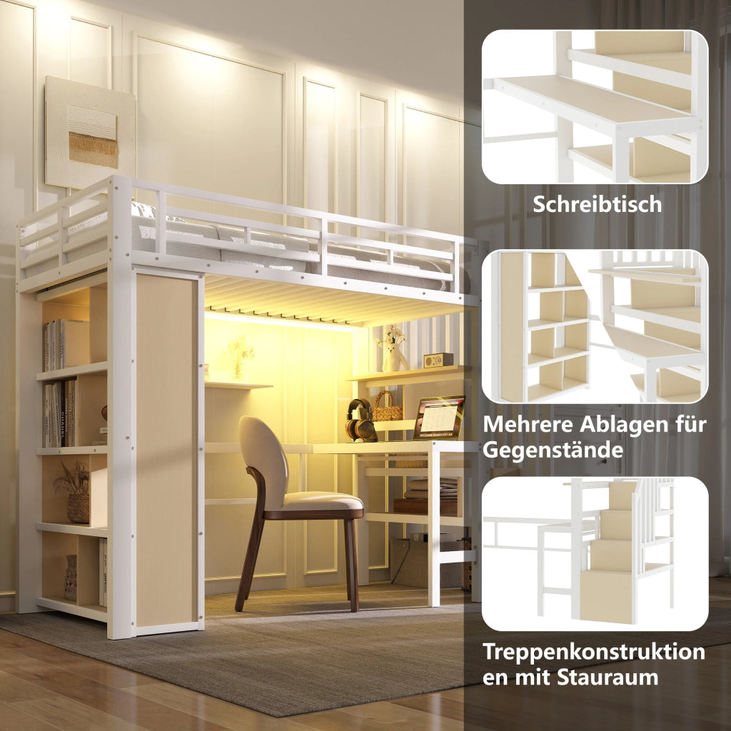 Letto a soppalco 90 × 200 cm 1 posto con scrivania, mensole, scaletta contenitore e LED, senza materasso, bianco