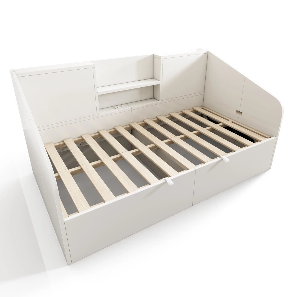 Letto divano singolo 90 × 200 cm con contenitore idraulico; 2 mensole; 3 USB e Type-C; senza materasso; bianco