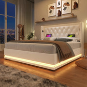 Letto contenitore 140 × 200 cm con testiera imbottita; LED su tre lati; porte USB e USB tipo C; PU bianco