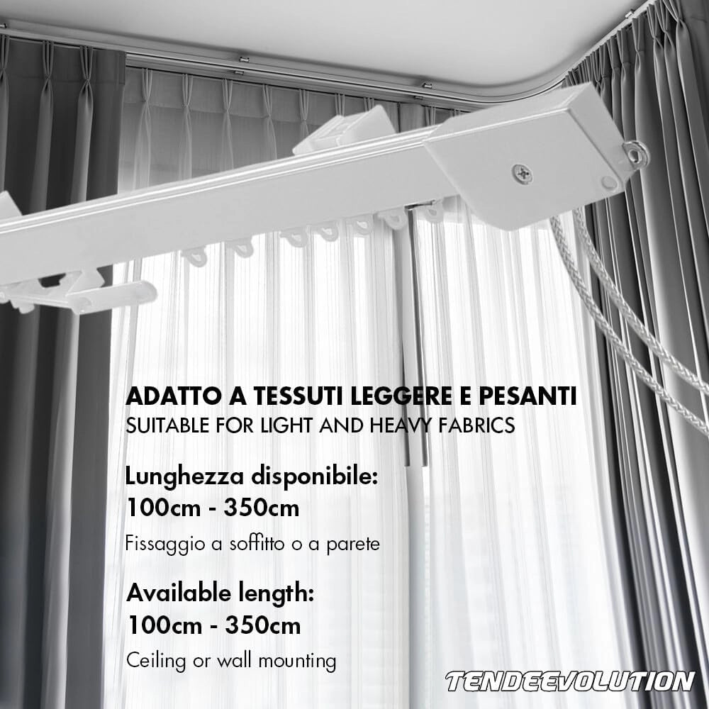 Binario Scorritenda Lineare da Soffitto in Alluminio Bianco con Movimento a Corda Apertura a Sinistr - Riloga Bastone per Tenda 160cm
