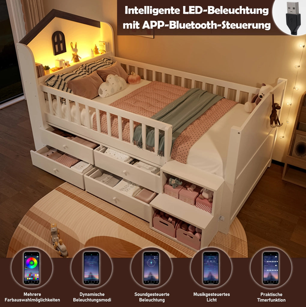 Letto a soppalco per bambini 90x200 cm, con forma casetta, 4 cassetti, LED integrato, scala con ripiani, bianco, senza materasso