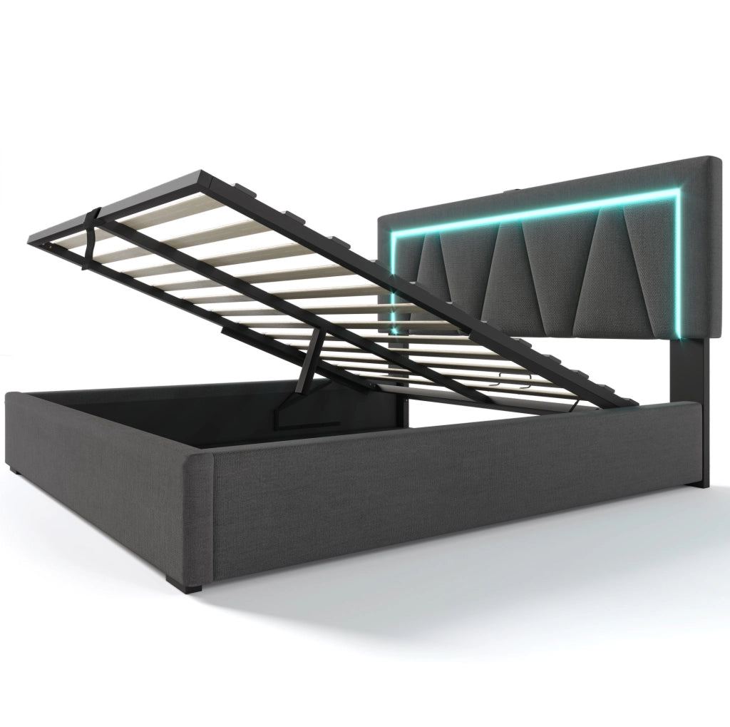 Letto matrimoniale contenitore 160x200 cm con materasso; LED; USB e Type-C grigio HOMVRA