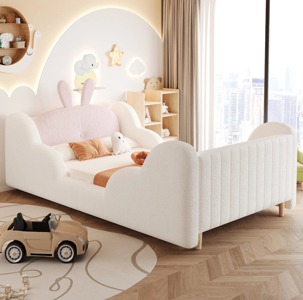 Letto per bambini 90x200 cm con cuscino coniglio in tessuto teddy bianco
