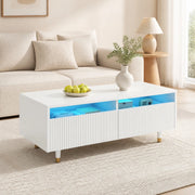 Tavolino da caff¨¨ 110x50x40 cm con LED multicolore e 2 cassetti in MDF bianco
