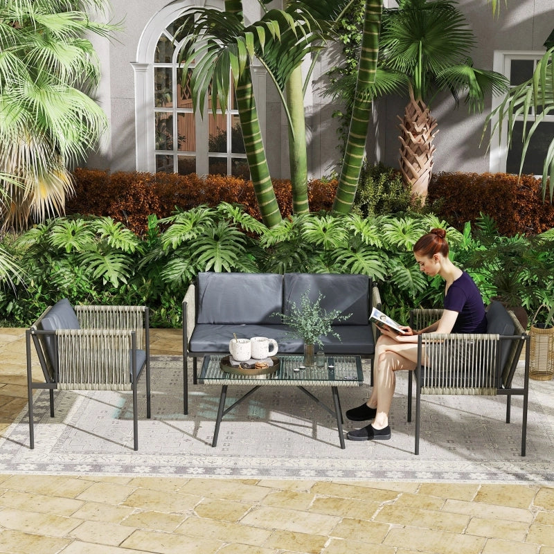 Set da giardino 4 pezzi con divano, 2 poltrone e tavolino in rattan sintetico grigio