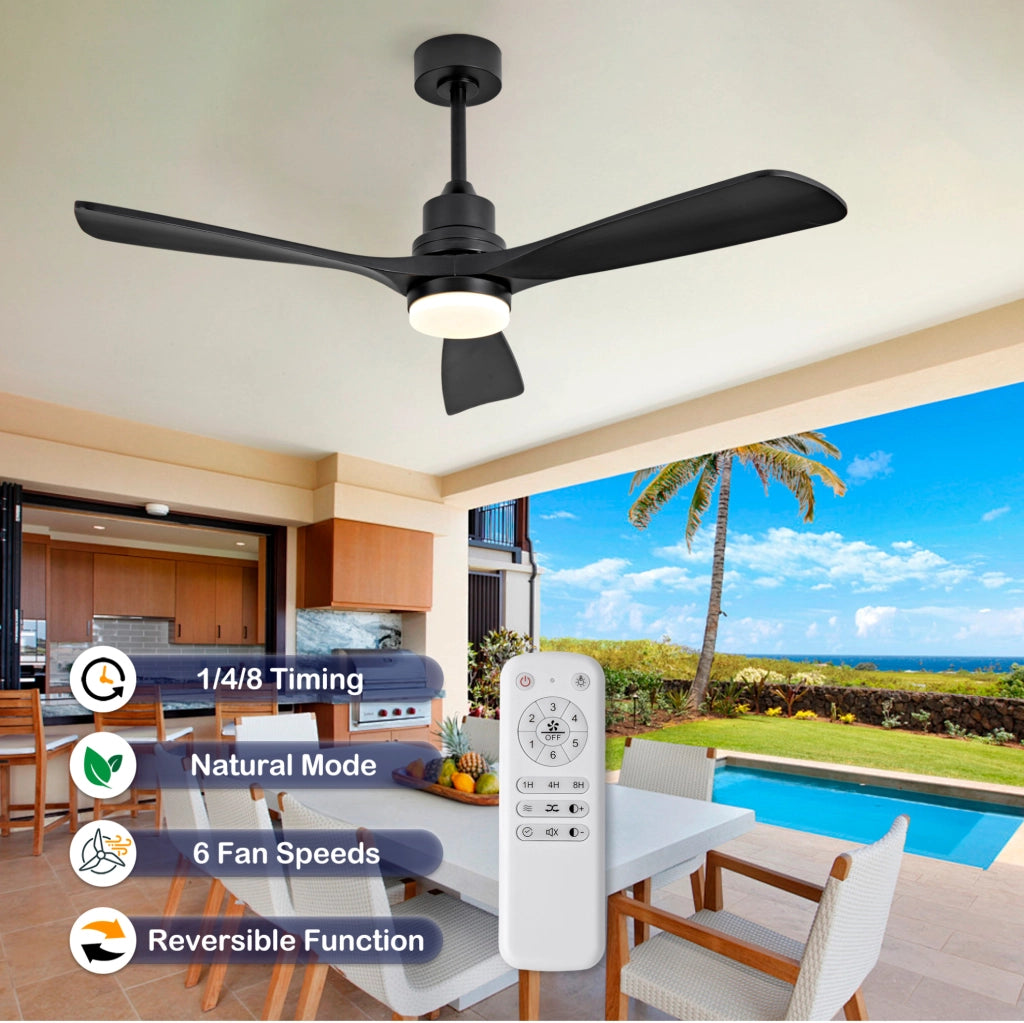 Ventilatore da soffitto 52" con 3 pale in legno massello; LED dimmerabile 3CCT; nero