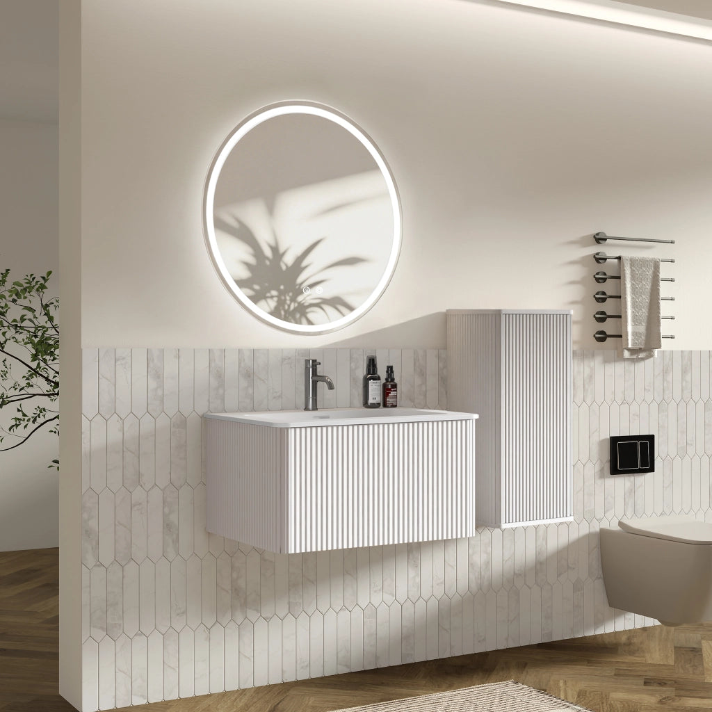 Set mobili bagno con specchio LED; vetro MDF compensato e Solid Surface bianco