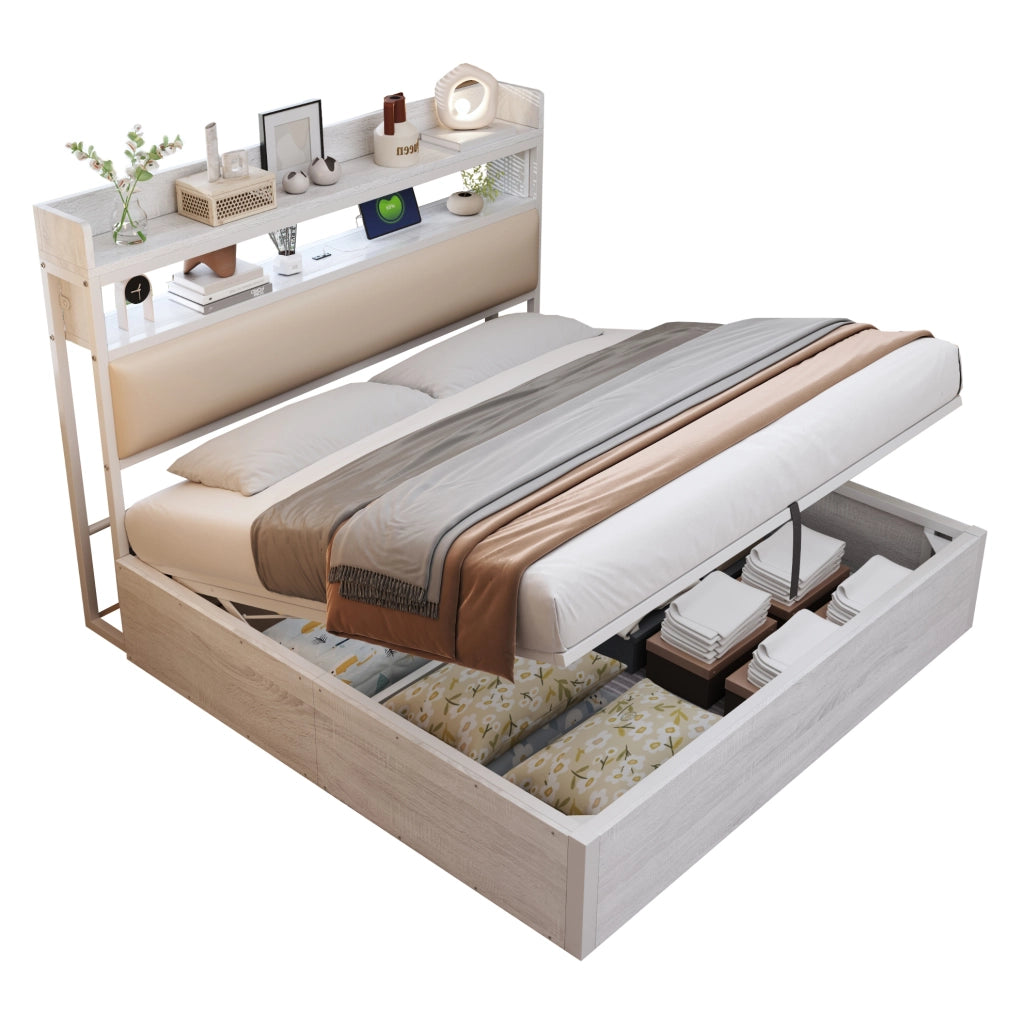 Letto matrimoniale 180x200 cm con contenitore idraulico, USB e testiera bianca