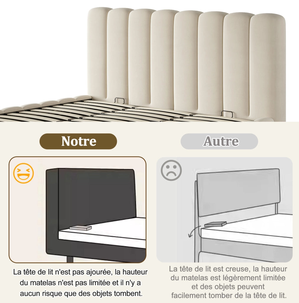 Letto matrimoniale imbottito ULEVR 180x200 cm con contenitore idraulico e rete a doghe, velluto beige