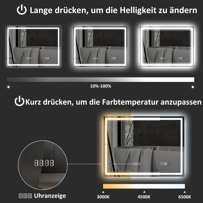 Specchio da bagno LED 80x60 cm con Bluetooth, orologio, 3 modalità di luce e funzione antiappannamento, argento