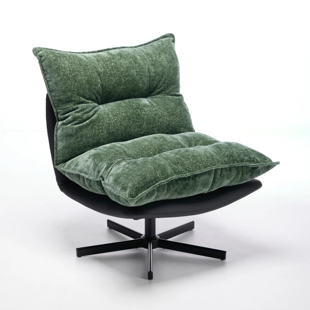 Poltrona relax girevole verde con 3 posizioni schienale, base in metallo nero e rivestimento in chenille e ecopelle