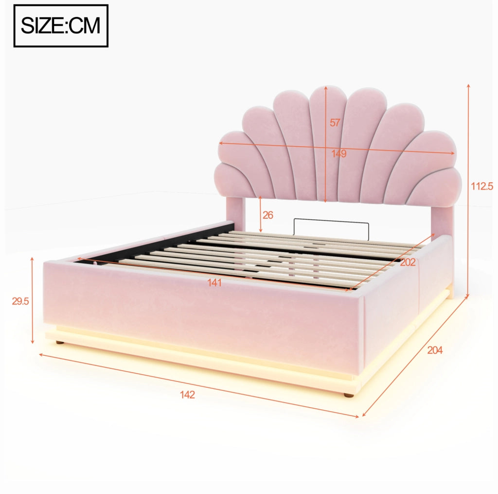 Letto imbottito 140 × 200 cm con contenitore idraulico e LED; velluto rosa