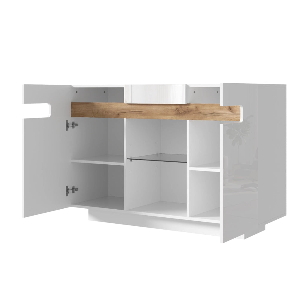 Credenza ULEVR 120x40x80 cm con LED regolabile via app, ripiani in vetro e vani aperti, bianco effetto legno naturale