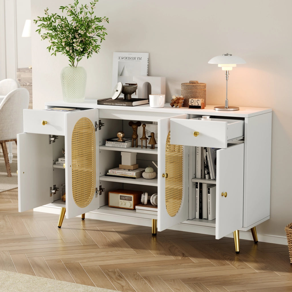 Credenza con 4 ante, 2 cassetti e ripiani regolabili per soggiorno, in truciolare bianco e naturale, 140 × 35 × 82 cm