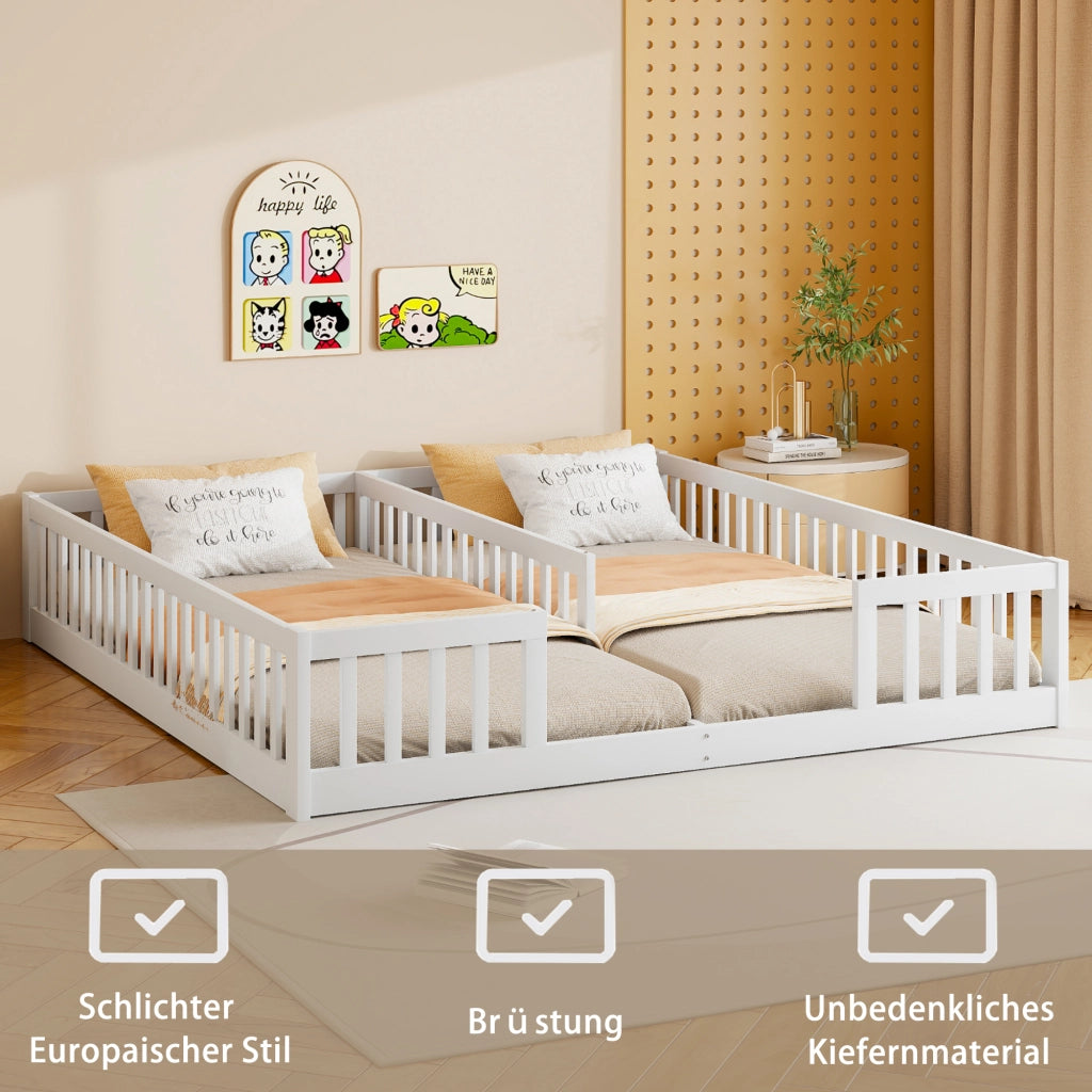 Letto per bambini doppio 90 × 200 cm con sponde di sicurezza in pino e MDF bianco senza rete né materassi
