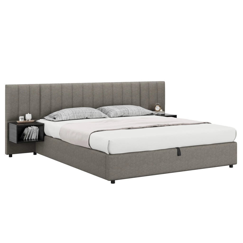 Letto imbottito con contenitore idraulico e 2 comodini, 180x200 cm, lino grigio/nero