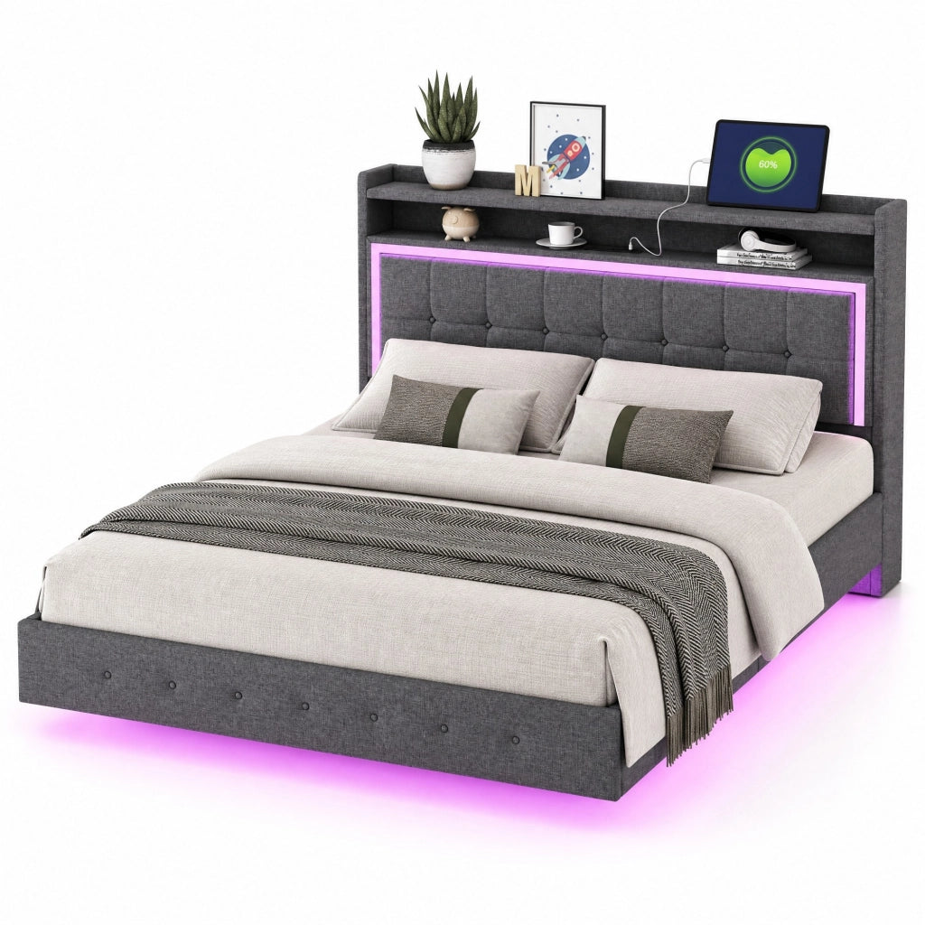 Letto imbottito 140x200 cm grigio in tessuto con USB e luci LED