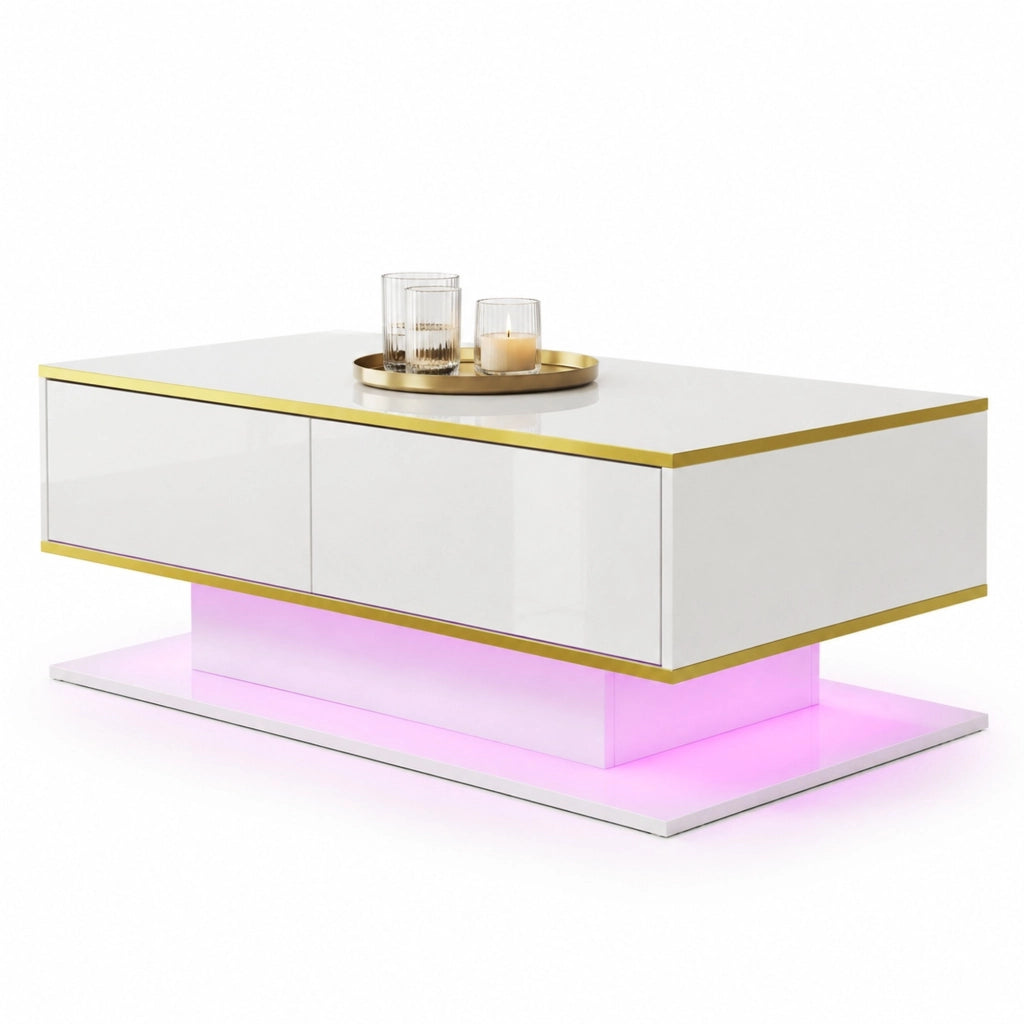 Tavolino da caffè LED 100x50x40 cm con 3 cassetti; bianco lucido e oro