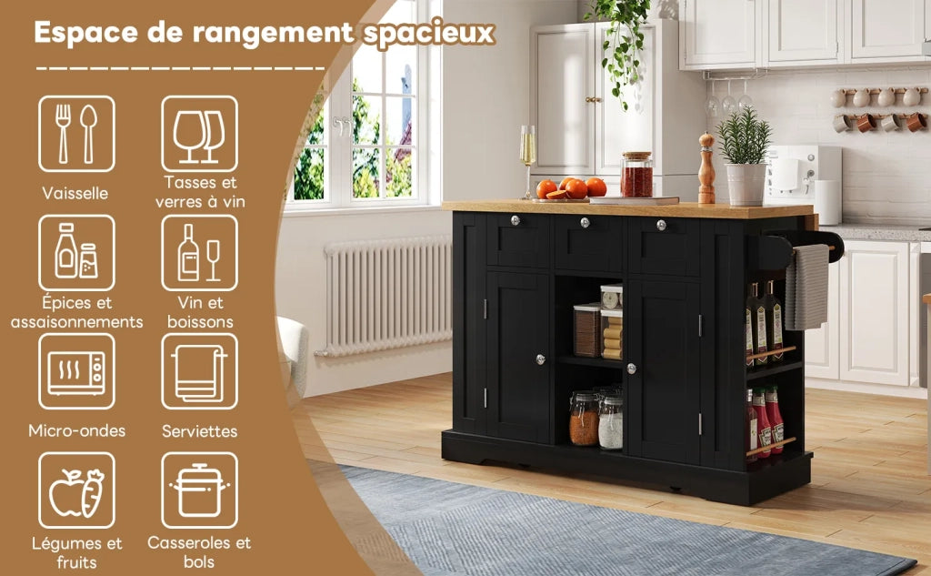 Tavolo da cucina mobile 132 cm, stile country, piano pieghevole, mobile multifunzione con cassetto, portaspezie, porta asciugamani, 4 ruote, presa integrata