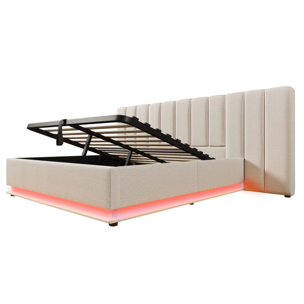 Letto imbottito matrimoniale 180x200 cm con contenitore; LED 360°; USB e Type-C; beige; con materasso