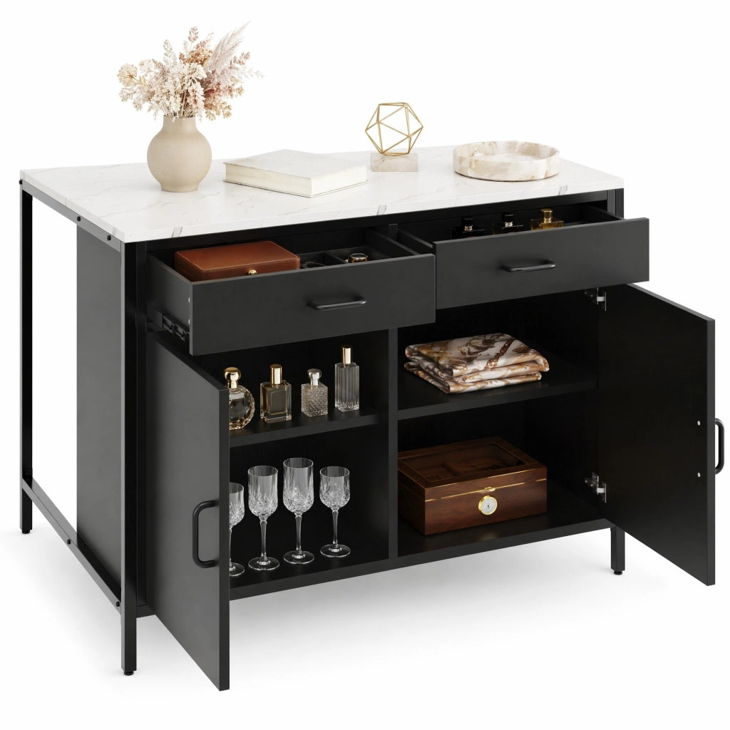 Stehtisch nero con piano effetto marmo, 100 x 90 x 90 cm, in MDF con gambe in ferro, con cassetti e vani regolabili
