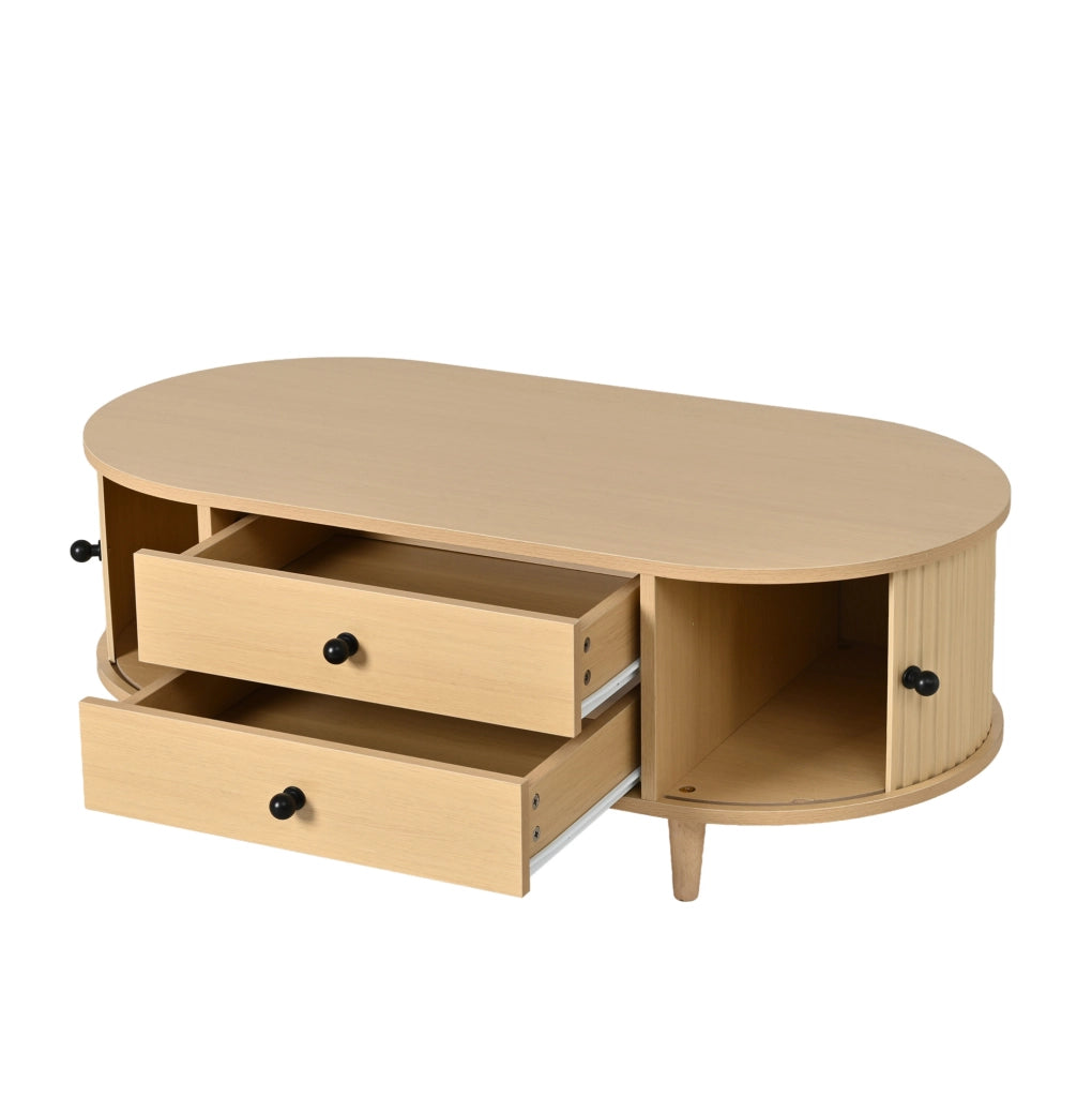 Tavolino da salotto 100x50 cm con 2 cassetti e ante avvolgibili; MDF effetto legno naturale HOMVRA
