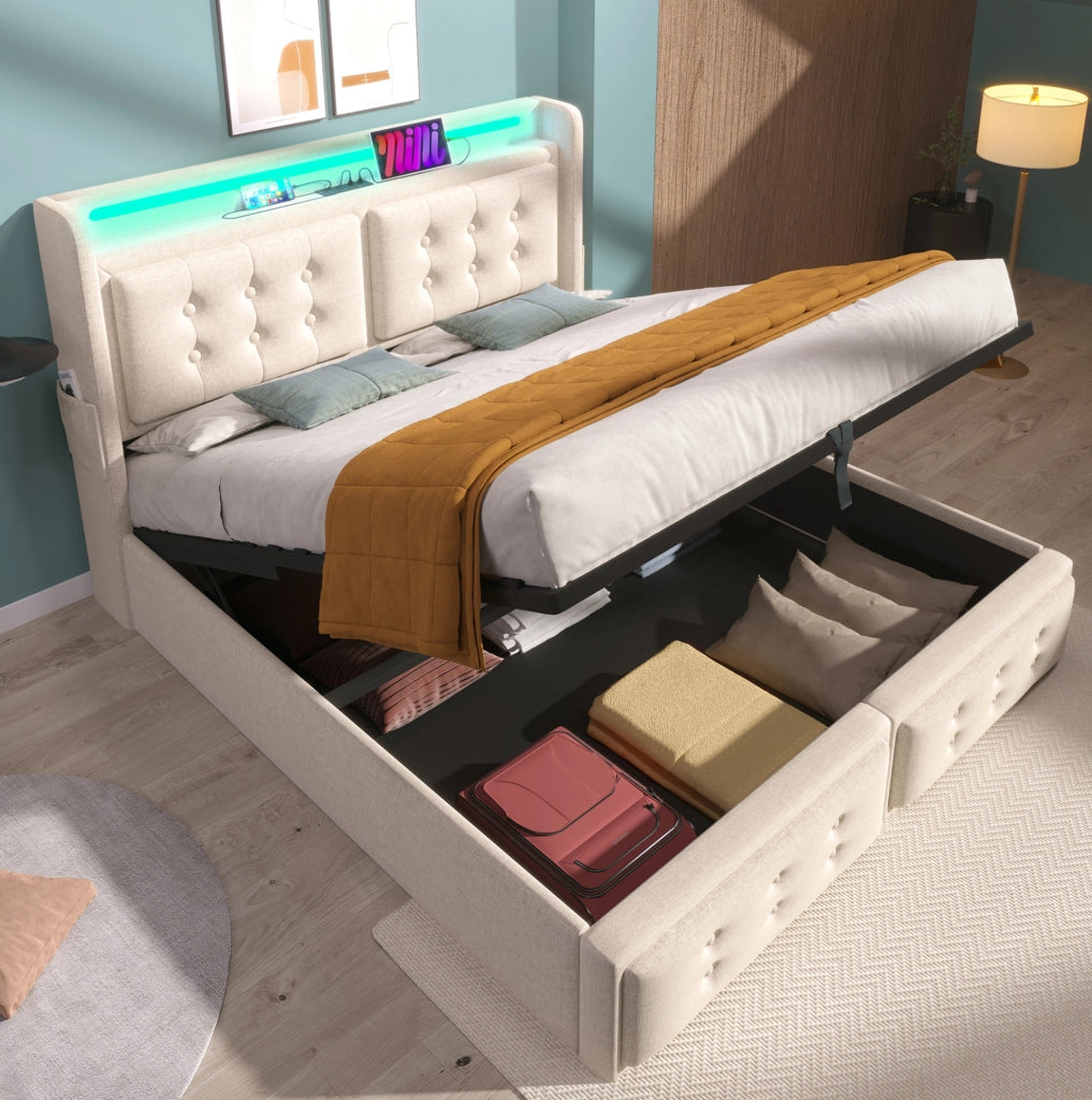 Letto matrimoniale 140x200 cm con LED; USB-C e contenitore; beige