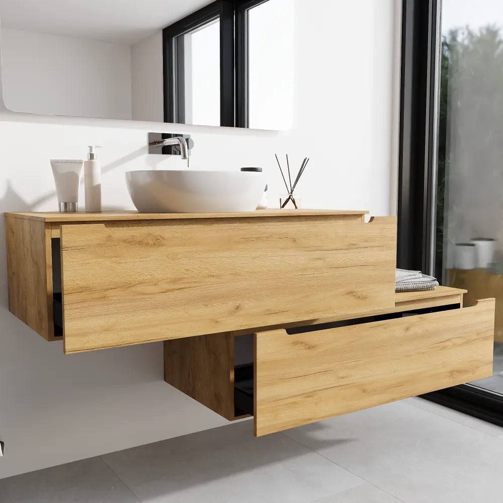 Mobile bagno sospeso modulare 100 cm rovere chiaro due cassetti con top | Bako