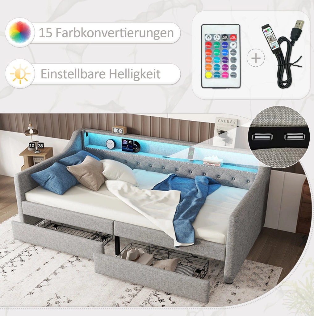 LETTO Giorno 90x200 cm in lino e MDF grigio con LED, USB e 2 cassetti