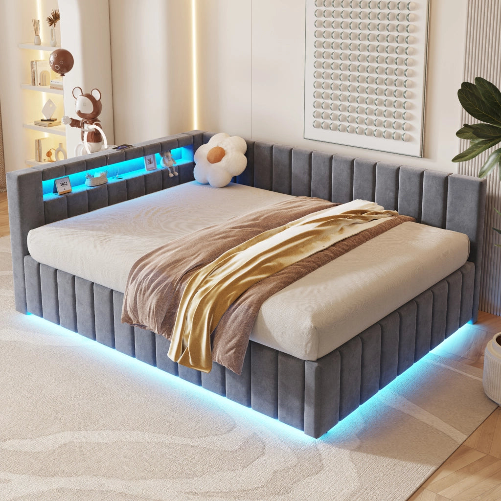 Letto matrimoniale imbottito 140 × 200 cm con contenitore idraulico; LED; USB; testiera e schienale in velluto grigio