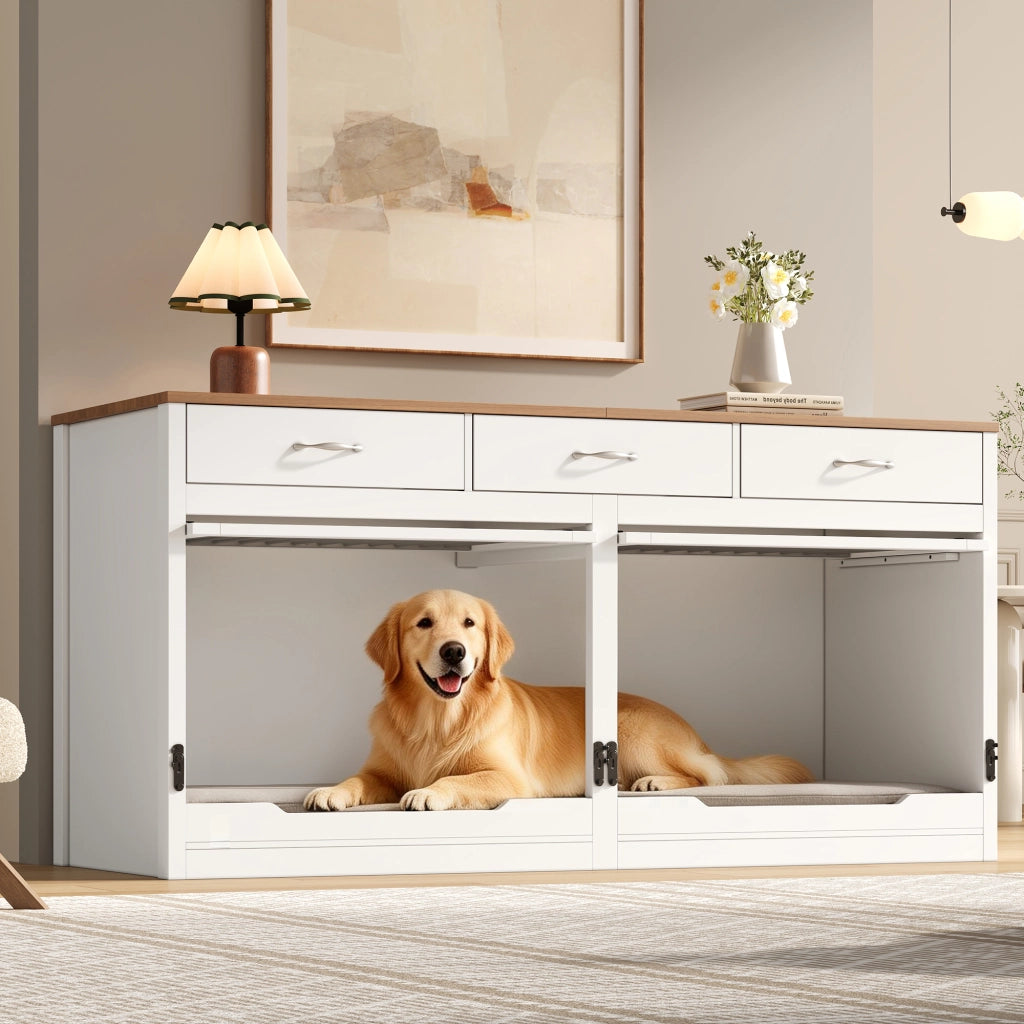Gabbia per cani con divisorio removibile e porta superiore a ribalta in MDF e metallo bianco naturale 164 × 60 × 81 cm